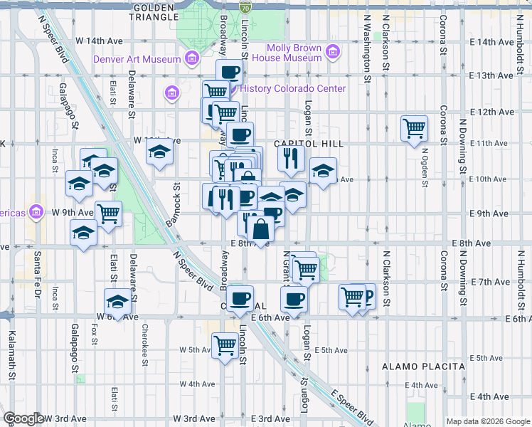 map of restaurants, bars, coffee shops, grocery stores, and more near E 9th Ave & Sherman St in Denver