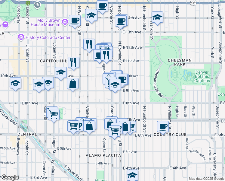 map of restaurants, bars, coffee shops, grocery stores, and more near E 9th Ave & Corona St in Denver