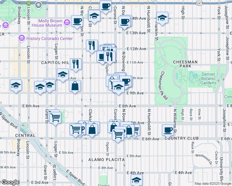 map of restaurants, bars, coffee shops, grocery stores, and more near E 9th Ave & Corona St in Denver