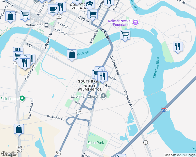 map of restaurants, bars, coffee shops, grocery stores, and more near 330 South Heald Street in Wilmington