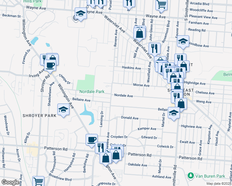 map of restaurants, bars, coffee shops, grocery stores, and more near 415 Nordale Avenue in Dayton