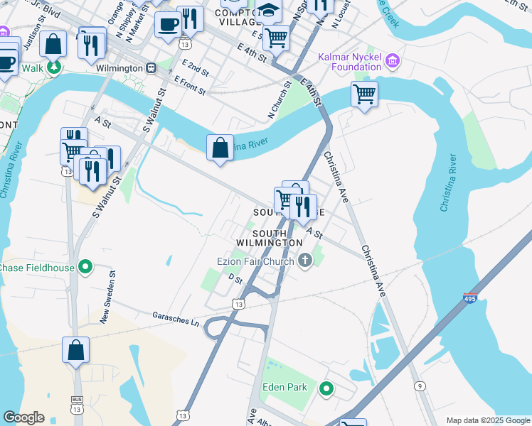 map of restaurants, bars, coffee shops, grocery stores, and more near 411 Townsend Street in Wilmington