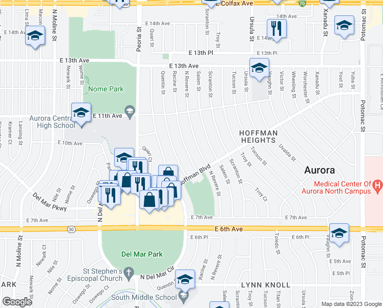 map of restaurants, bars, coffee shops, grocery stores, and more near 880 Racine Street in Aurora