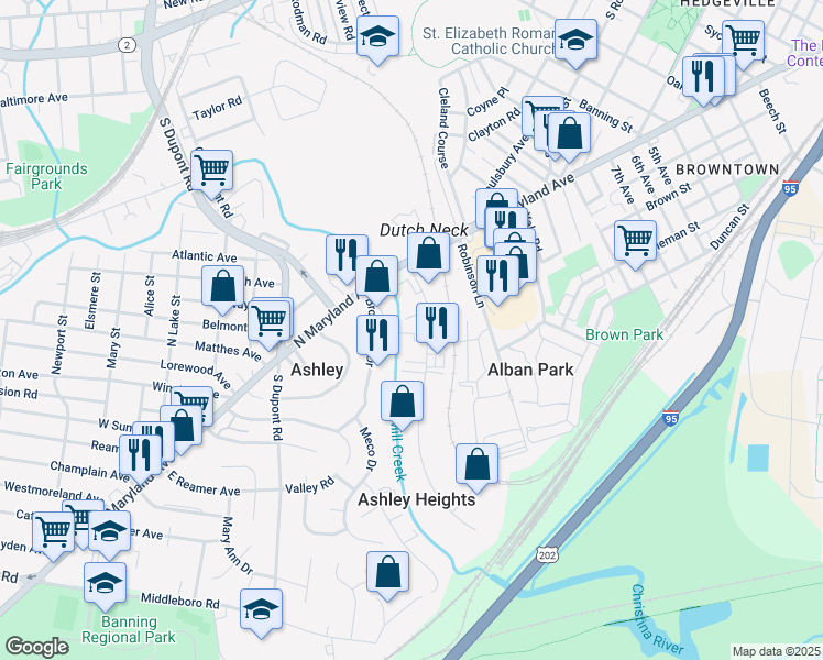 map of restaurants, bars, coffee shops, grocery stores, and more near 8 Germay Drive in Wilmington