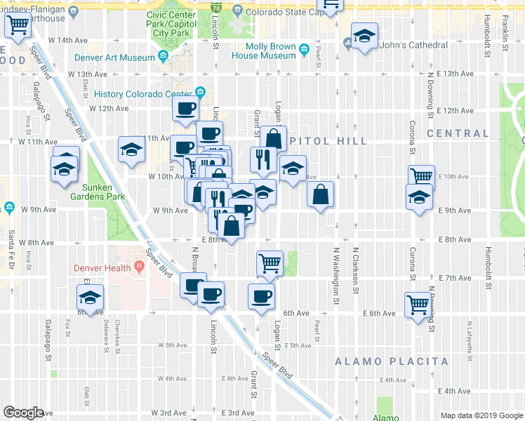 map of restaurants, bars, coffee shops, grocery stores, and more near 325 East 9th Avenue in Denver