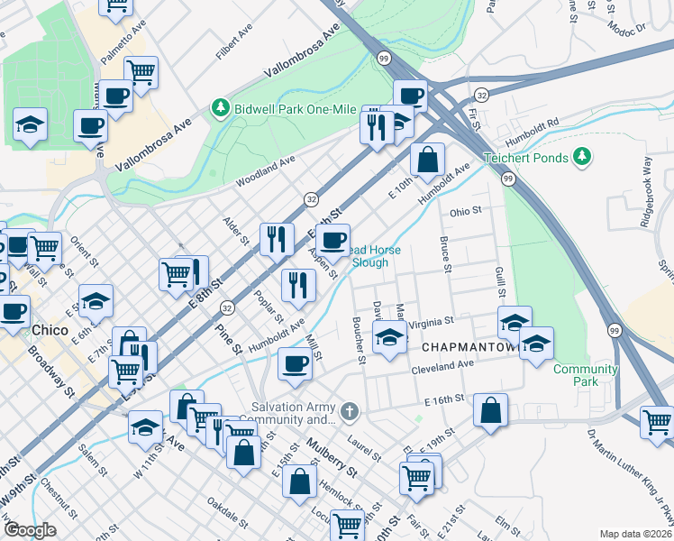 map of restaurants, bars, coffee shops, grocery stores, and more near 1080 Humboldt Avenue in Chico