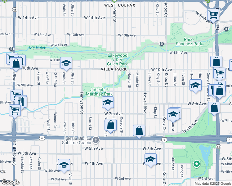 map of restaurants, bars, coffee shops, grocery stores, and more near 860 Perry Street in Denver