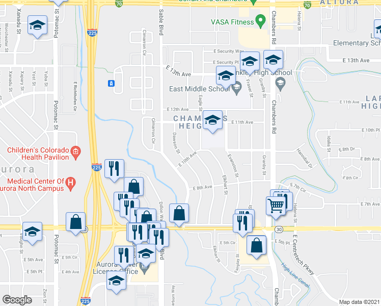 map of restaurants, bars, coffee shops, grocery stores, and more near 1007 Dearborn Street in Aurora