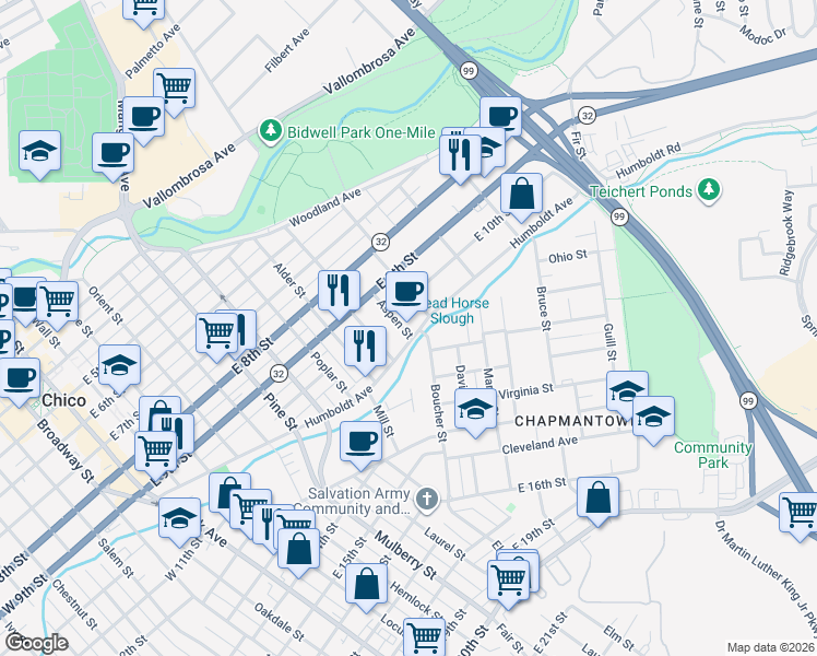 map of restaurants, bars, coffee shops, grocery stores, and more near 1080 Humboldt Avenue in Chico
