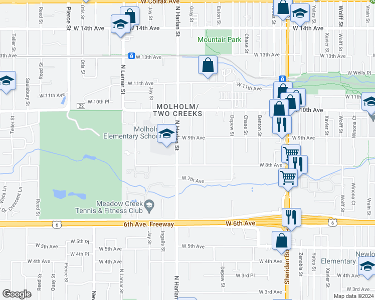 map of restaurants, bars, coffee shops, grocery stores, and more near 859 Gray Street in Lakewood