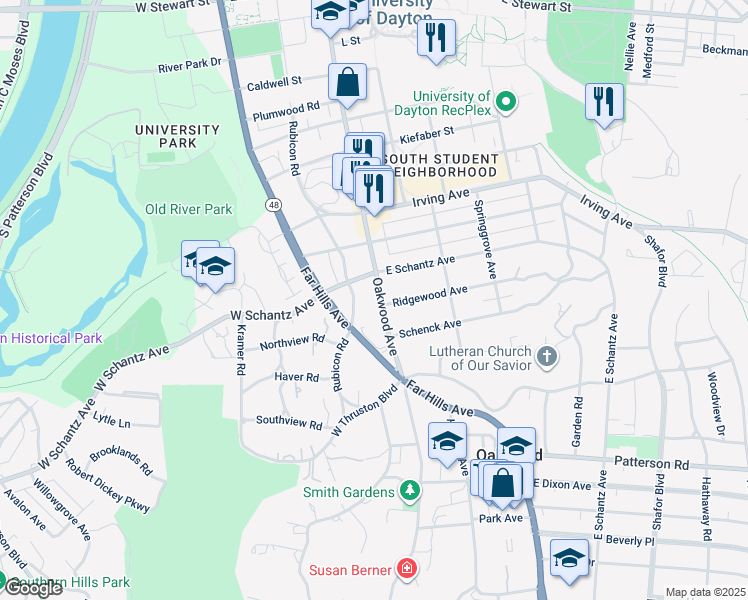 map of restaurants, bars, coffee shops, grocery stores, and more near 229 Oakwood Avenue in Dayton