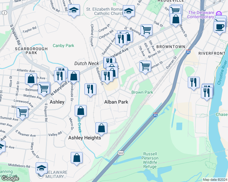 map of restaurants, bars, coffee shops, grocery stores, and more near 1613 Bonwood Road in Wilmington