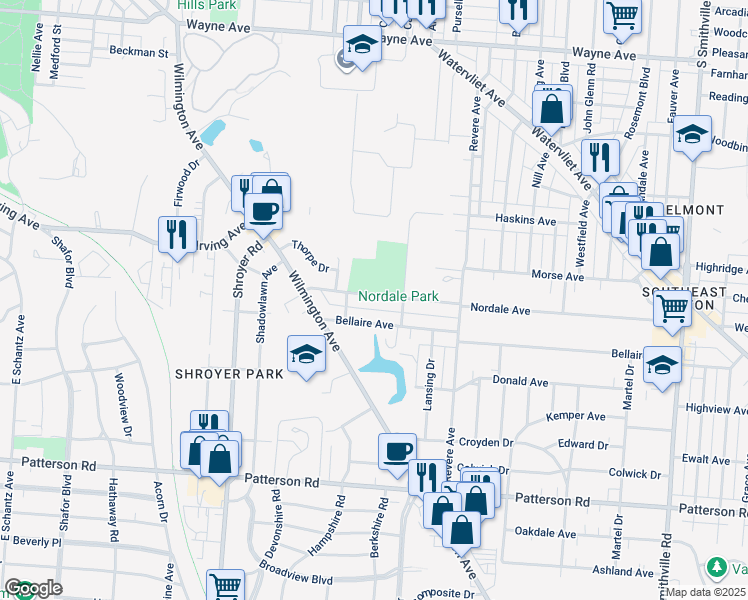 map of restaurants, bars, coffee shops, grocery stores, and more near 130 Nordale Avenue in Dayton