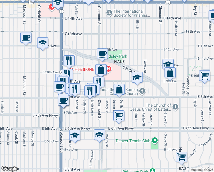 map of restaurants, bars, coffee shops, grocery stores, and more near 870 Cherry Street in Denver