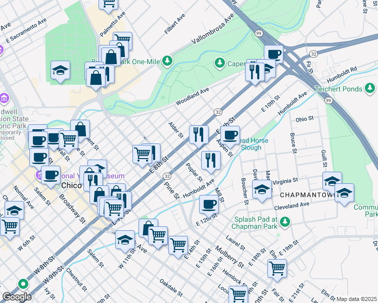map of restaurants, bars, coffee shops, grocery stores, and more near 890 East 9th Street in Chico