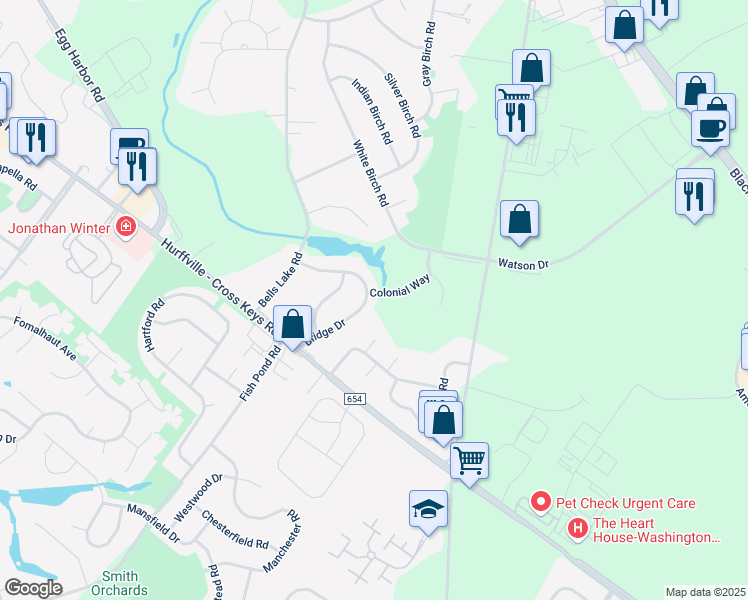 map of restaurants, bars, coffee shops, grocery stores, and more near 22 Bridge Drive in Washington Township