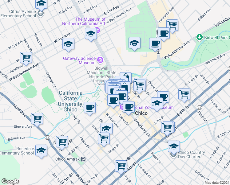 map of restaurants, bars, coffee shops, grocery stores, and more near 105 Broadway Street in Chico