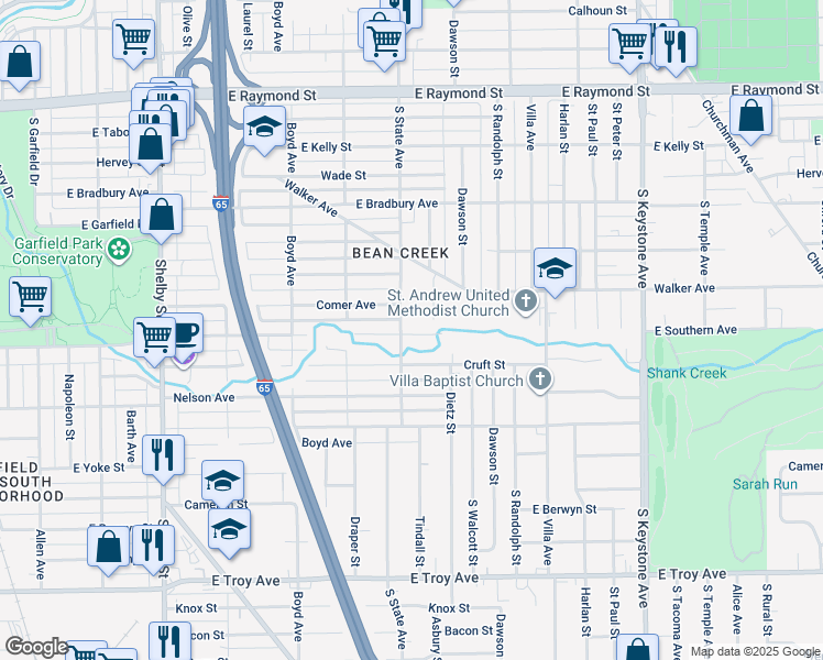 map of restaurants, bars, coffee shops, grocery stores, and more near 2557 South State Avenue in Indianapolis