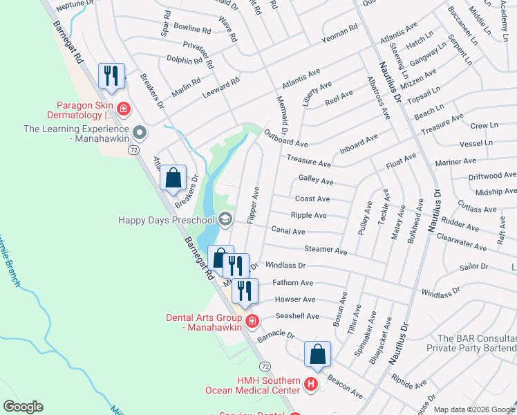 map of restaurants, bars, coffee shops, grocery stores, and more near 90 Flipper Avenue in Stafford Township