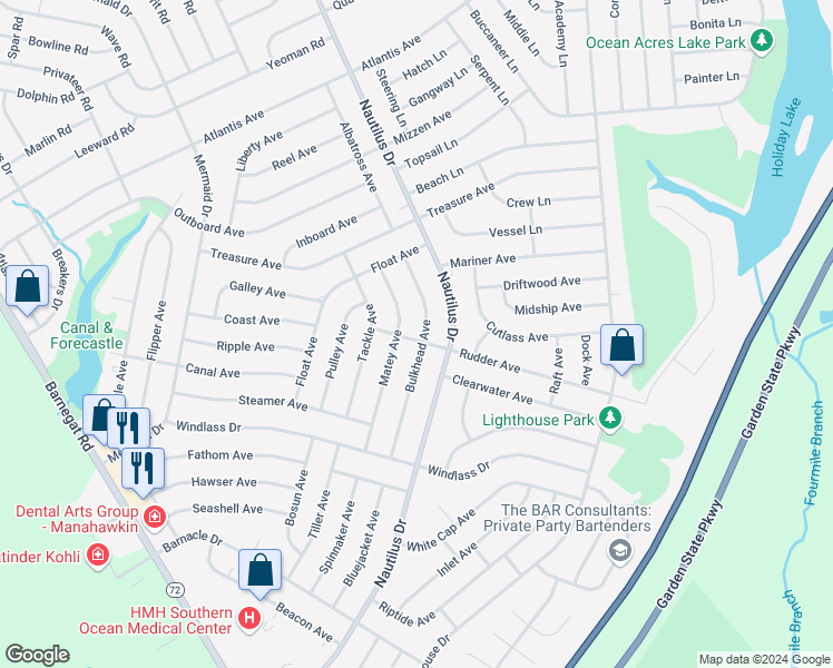 map of restaurants, bars, coffee shops, grocery stores, and more near 268 Bulkhead Avenue in Stafford Township