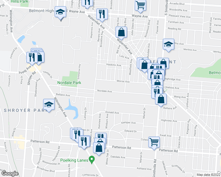 map of restaurants, bars, coffee shops, grocery stores, and more near 519 Nordale Ave in Dayton