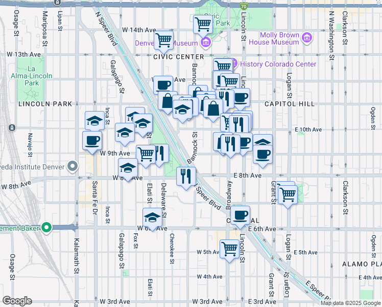 map of restaurants, bars, coffee shops, grocery stores, and more near 909 Bannock Street in Denver