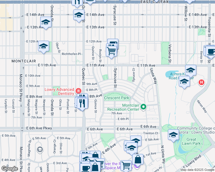 map of restaurants, bars, coffee shops, grocery stores, and more near 7632 East 8th Place in Denver
