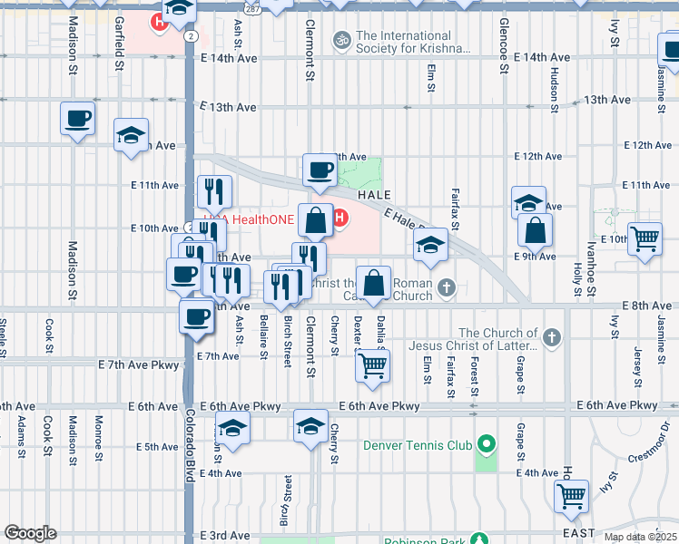 map of restaurants, bars, coffee shops, grocery stores, and more near 861 Cherry Street in Denver