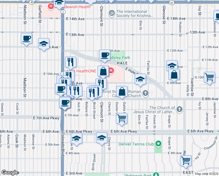 map of restaurants, bars, coffee shops, grocery stores, and more near 861 Cherry Street in Denver