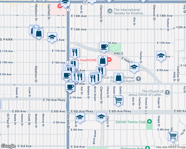 map of restaurants, bars, coffee shops, grocery stores, and more near 4300 East 9th Avenue in Denver