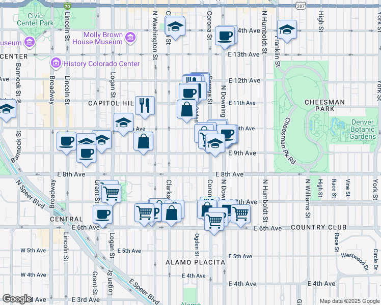 map of restaurants, bars, coffee shops, grocery stores, and more near in Denver