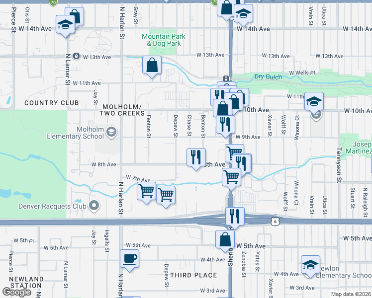 map of restaurants, bars, coffee shops, grocery stores, and more near 861 Chase Street in Lakewood