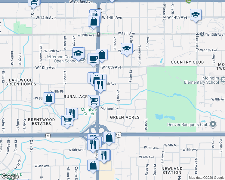 map of restaurants, bars, coffee shops, grocery stores, and more near 7515 West 8th Place in Lakewood