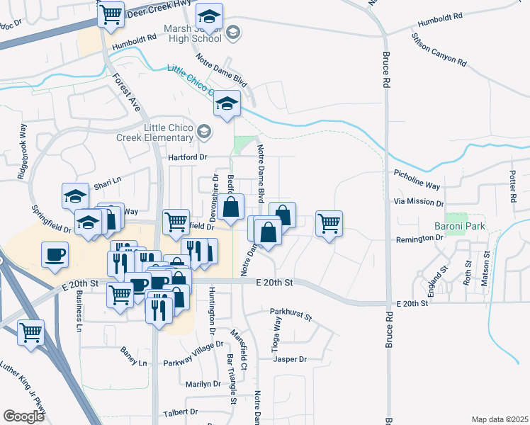 map of restaurants, bars, coffee shops, grocery stores, and more near 1888 Notre Dame Boulevard in Chico