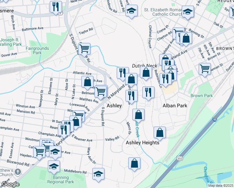 map of restaurants, bars, coffee shops, grocery stores, and more near 10 Hillside Road in Wilmington