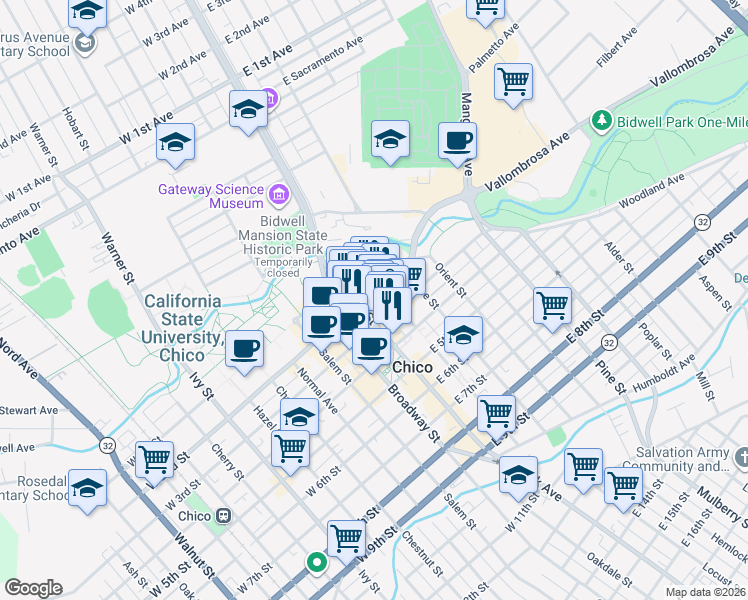 map of restaurants, bars, coffee shops, grocery stores, and more near 225 Main Street in Chico