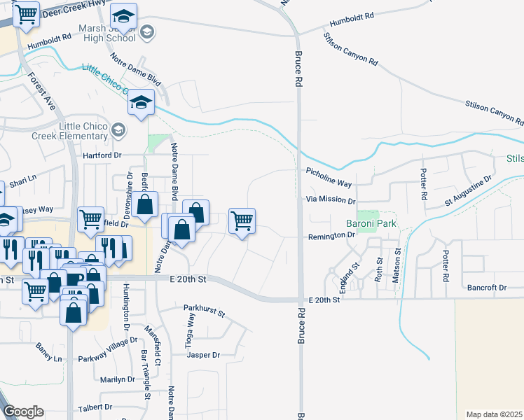 map of restaurants, bars, coffee shops, grocery stores, and more near 1775 Concord Avenue in Chico