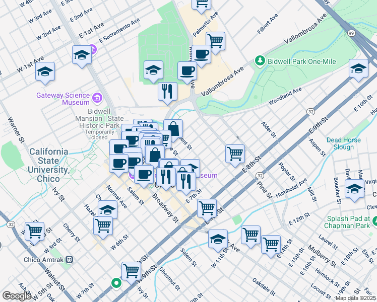 map of restaurants, bars, coffee shops, grocery stores, and more near 393 East 4th Street in Chico