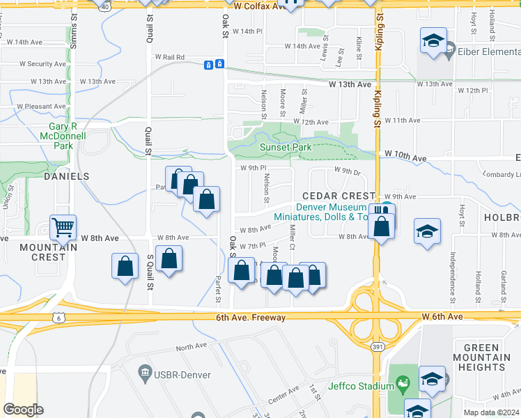 map of restaurants, bars, coffee shops, grocery stores, and more near 10625 W 8th Pl in Lakewood