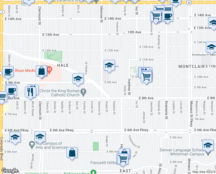 map of restaurants, bars, coffee shops, grocery stores, and more near 865 Grape Street in Denver