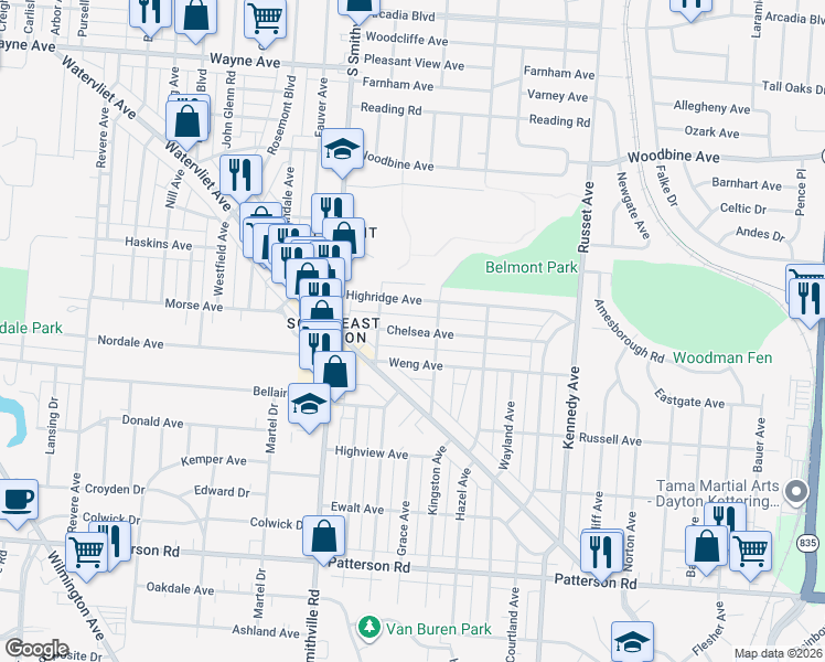 map of restaurants, bars, coffee shops, grocery stores, and more near 935 Chelsea Avenue in Dayton