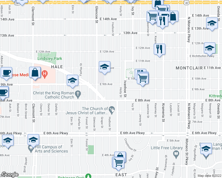 map of restaurants, bars, coffee shops, grocery stores, and more near 865 Hudson Street in Denver