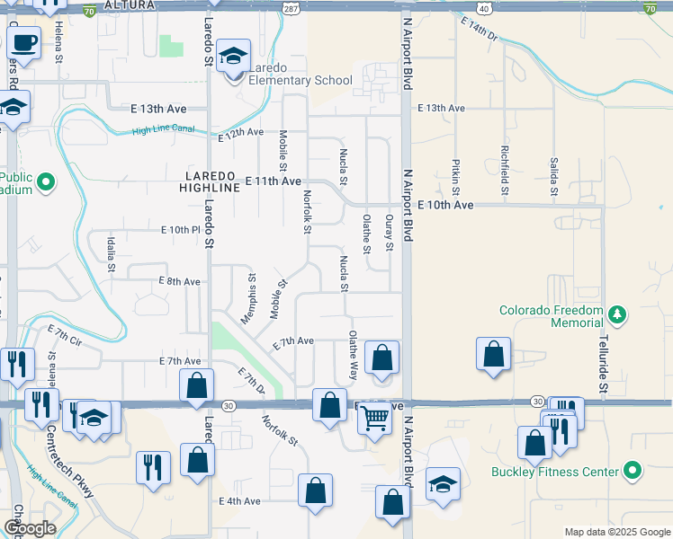 map of restaurants, bars, coffee shops, grocery stores, and more near 893 Nucla Street in Aurora