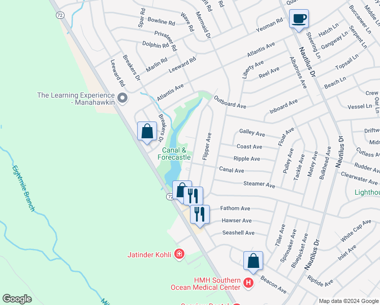map of restaurants, bars, coffee shops, grocery stores, and more near 1465 Forecastle Avenue in Stafford Township