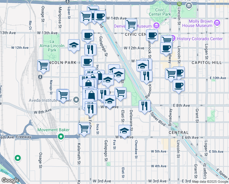 map of restaurants, bars, coffee shops, grocery stores, and more near Fox Street in Denver