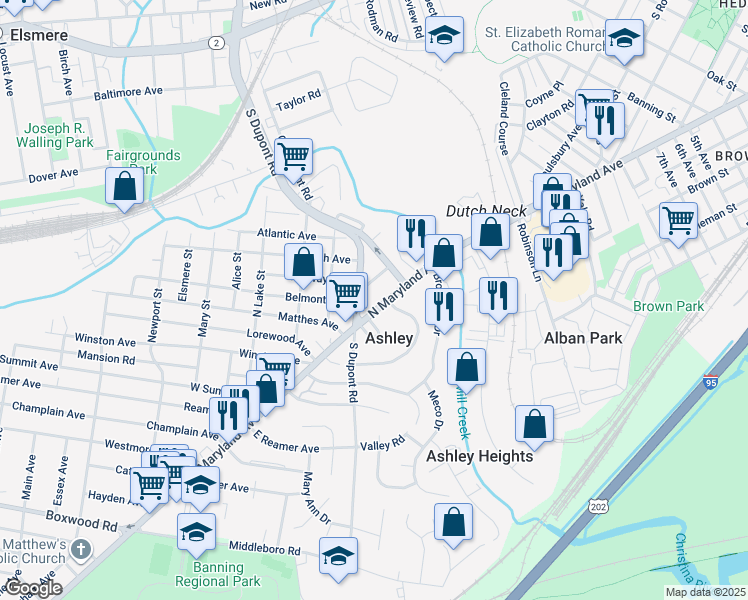 map of restaurants, bars, coffee shops, grocery stores, and more near 213 North Maryland Avenue in Wilmington