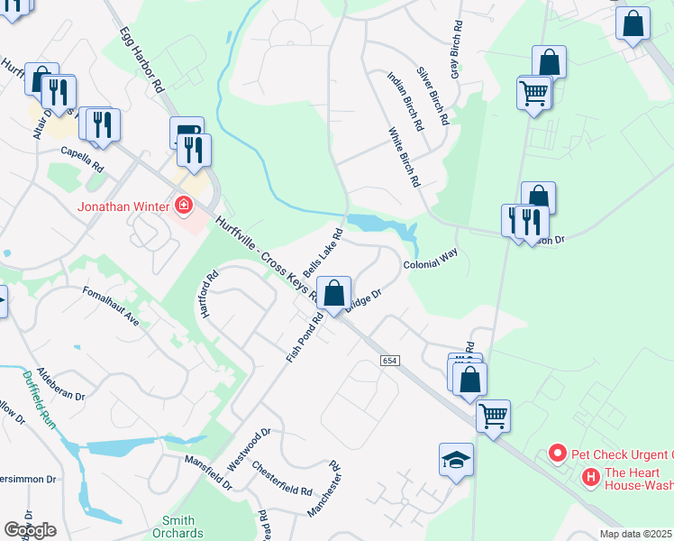 map of restaurants, bars, coffee shops, grocery stores, and more near 8 Timber Hill Court in Washington Township