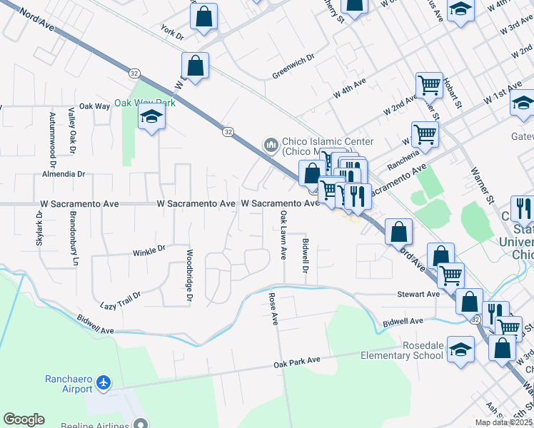 map of restaurants, bars, coffee shops, grocery stores, and more near 1217 West Sacramento Avenue in Chico