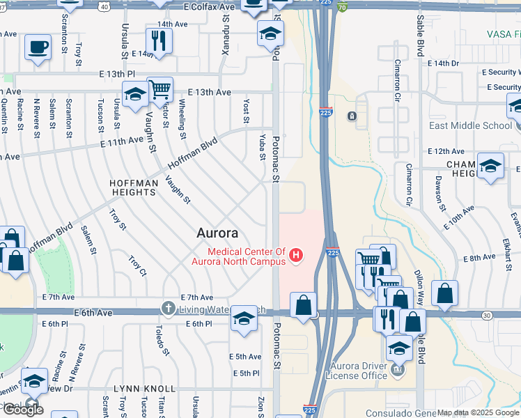 map of restaurants, bars, coffee shops, grocery stores, and more near 931 Zion Street in Aurora
