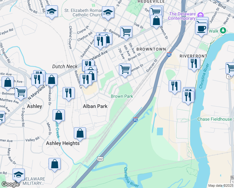 map of restaurants, bars, coffee shops, grocery stores, and more near 423 Homestead Road in Wilmington